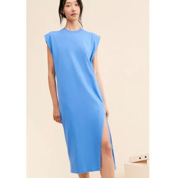 NEW Anthropologie Pistola Trina Midi Dress Blue T Shirt Shirtdress Side Slit - Picture 2 of 3